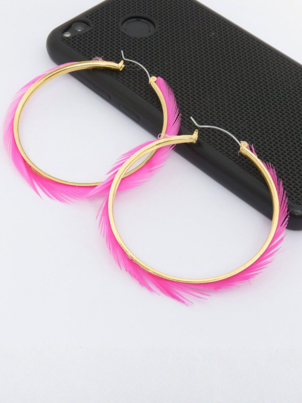 Stylish Gold-Tone Hoop Earrings with Pink Feather Fashion Jewelry for Girls